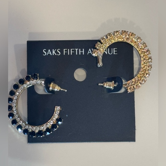 Saks Fifth Ave Gold Tone Blue Crystal Open Hoop post Earrings - Picture 3 of 4